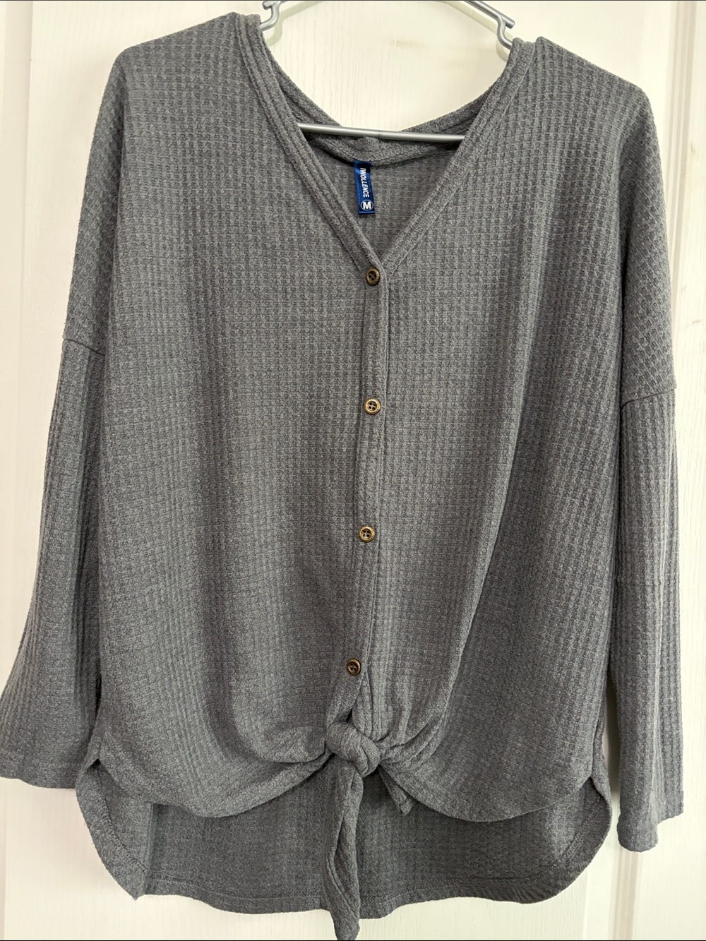 Women's Gray Knit Button-Front Long Sleeve Top with Front Tie